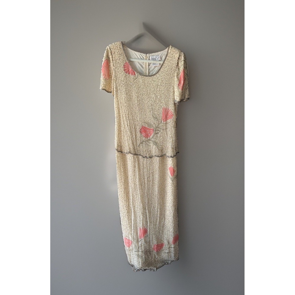 Vintage Laurence Kazar Silk Hand Beaded Floral Gown Dress NWT Size 6